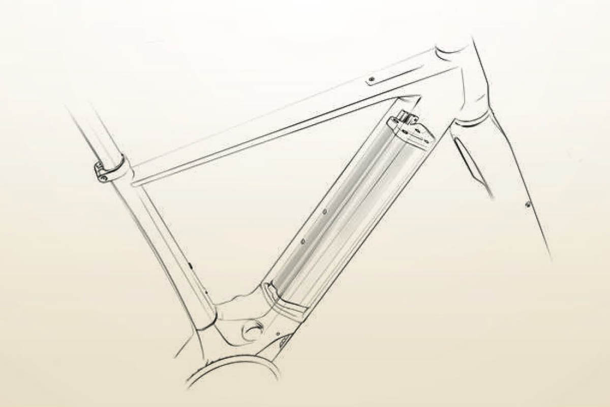 Schéma technique d'intégration de la batterie dans les vélos électriques Moustache Dimanche 28 Road et Moustache Dimanche 29 Gravel
